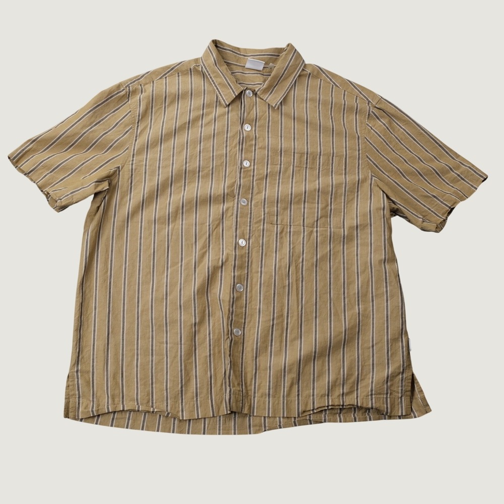 Birdwell Beach Britches Shirt S Tan Striped Cotton Short Sleeve Button Up